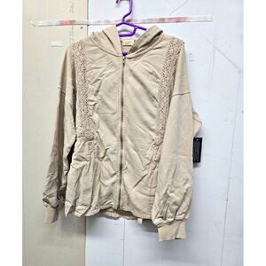 LOGO Lavish Beige Lace Trim Full Zip Hooded Knit Cotton Hoodie Womens S